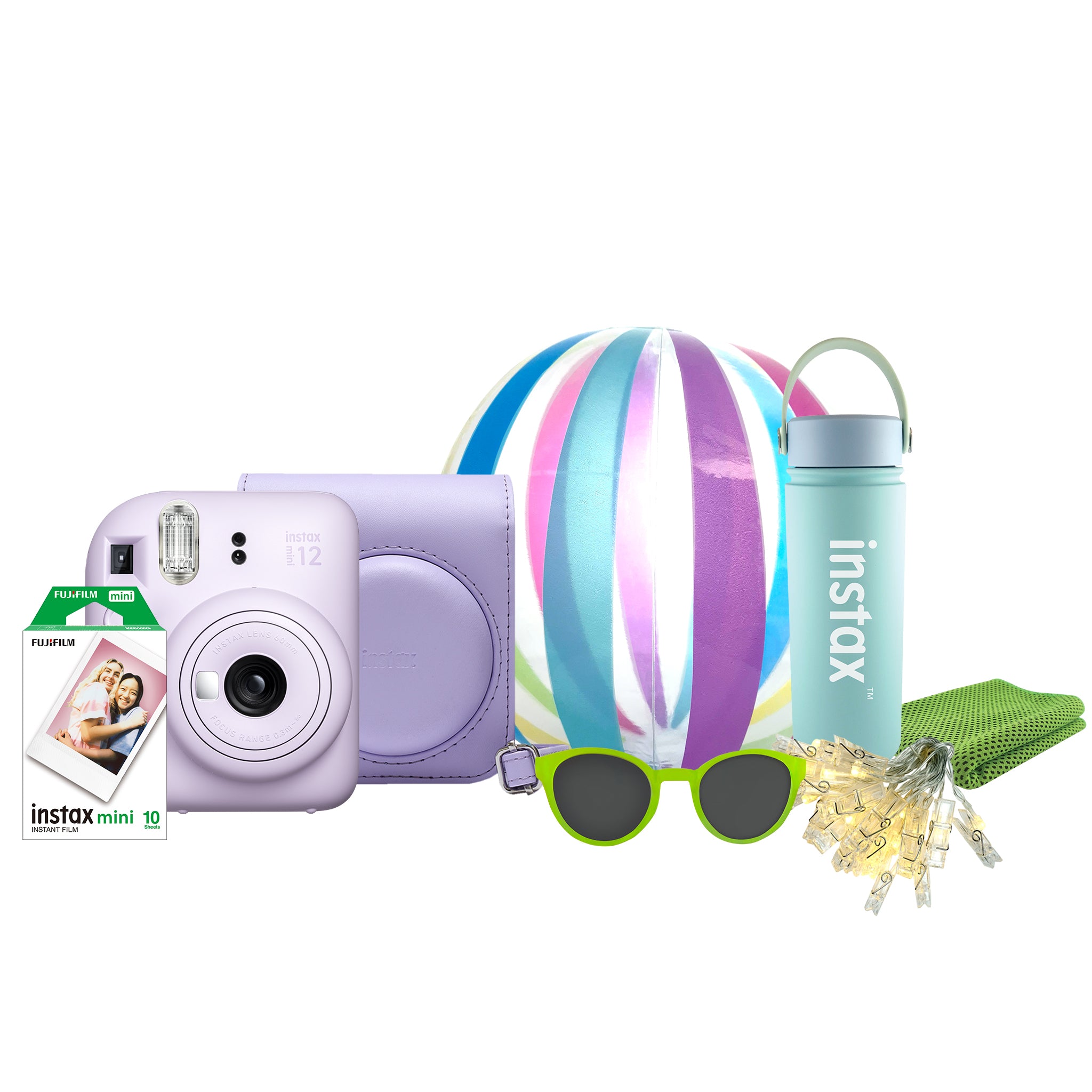 Fujifilm Instax Mini 12 camera with mini film pack and playful extras for parties.
