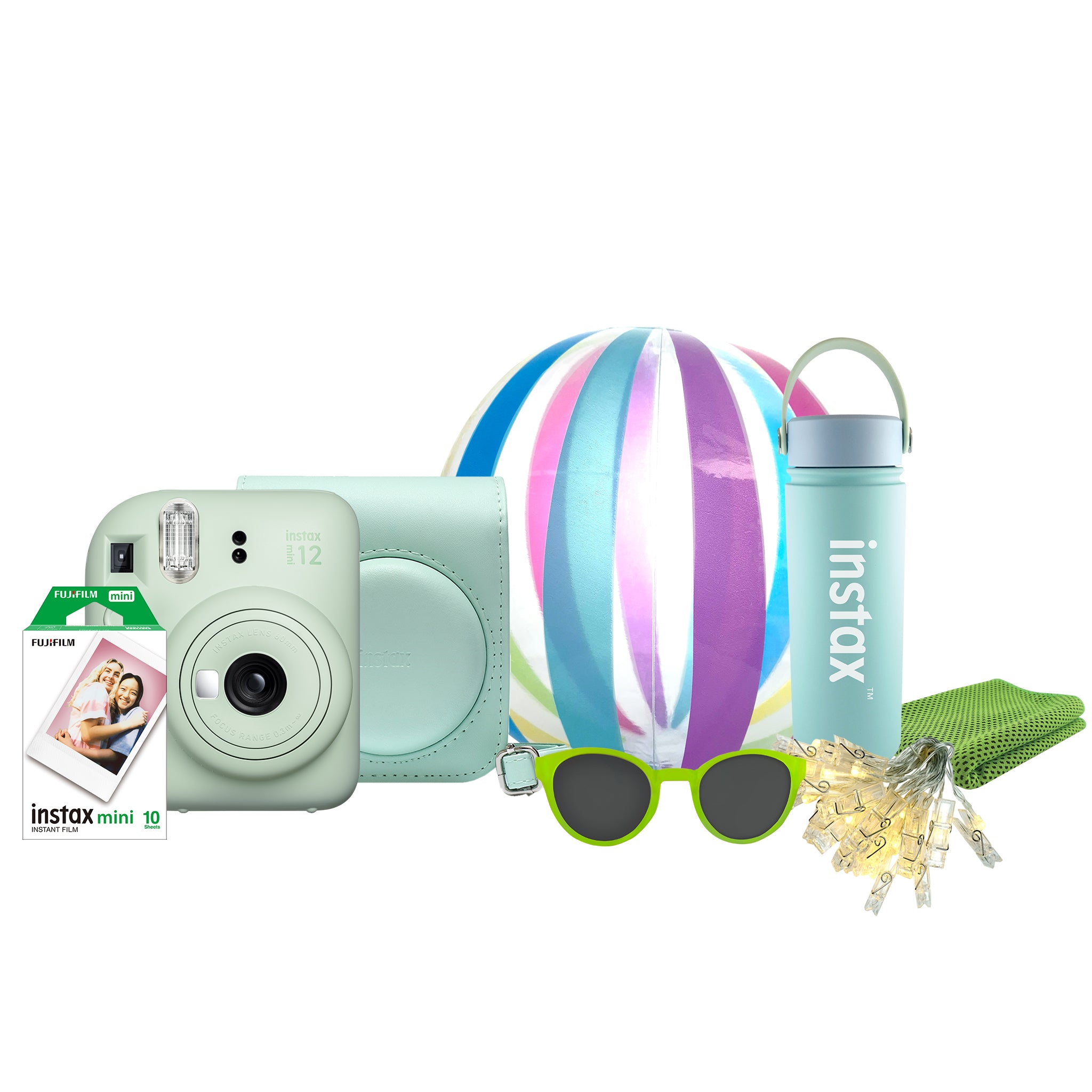 Fujifilm Instax Mini 12 camera with mini film pack and playful extras for parties.
