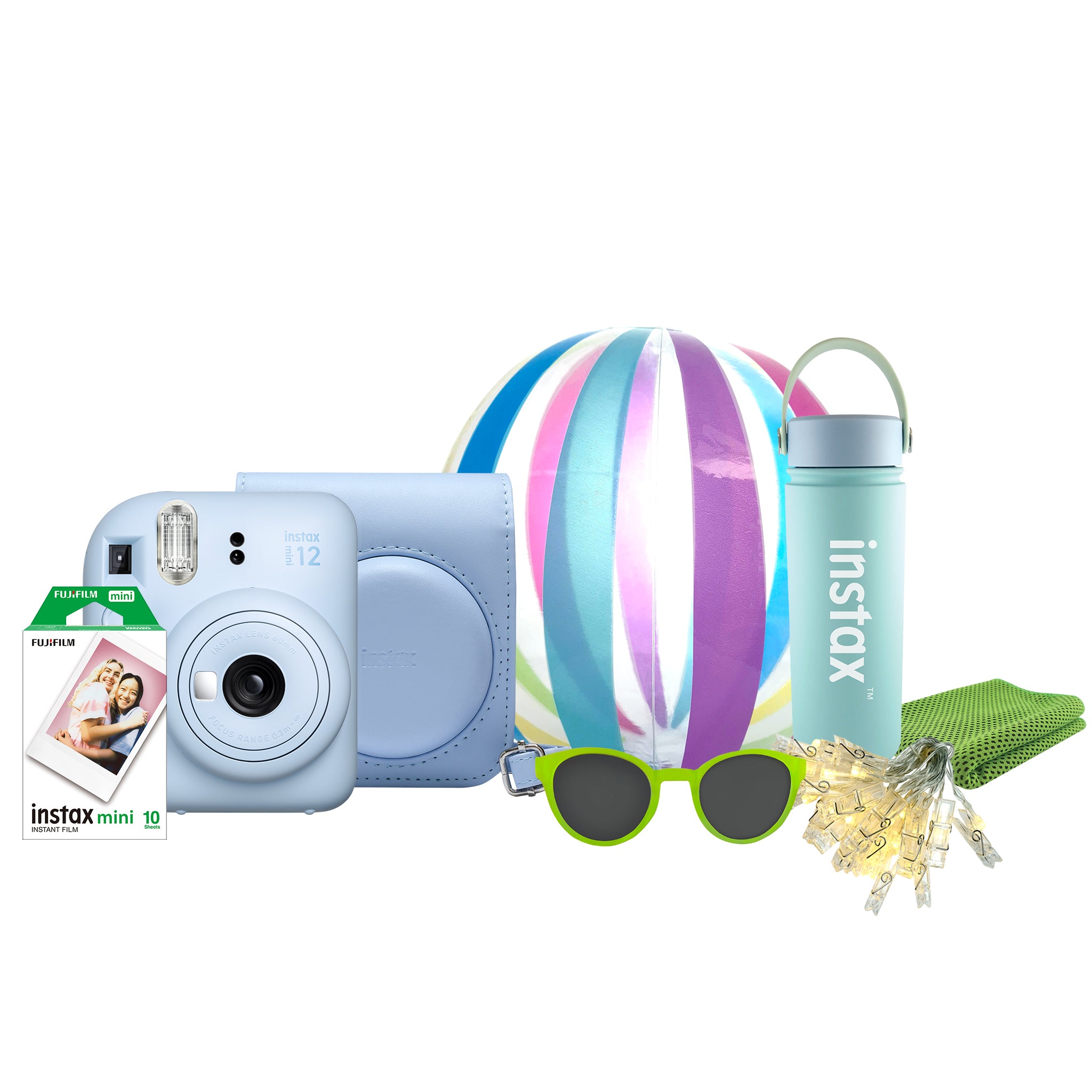 Fujifilm Instax Mini 12 camera with mini film pack and playful extras for parties.
