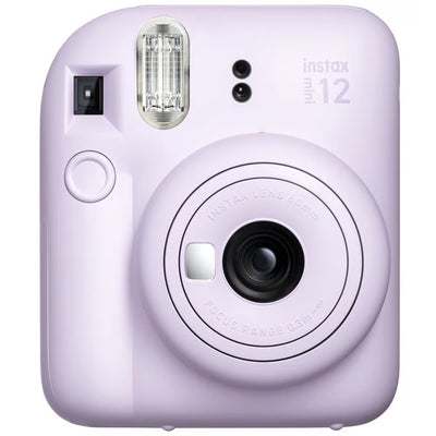 Lavender instant camera with 'instax' branding on a white background