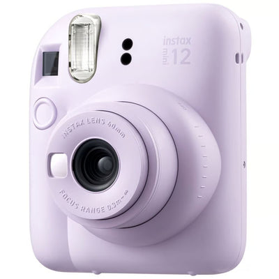 Purple instant camera with 'instax' branding on a white background