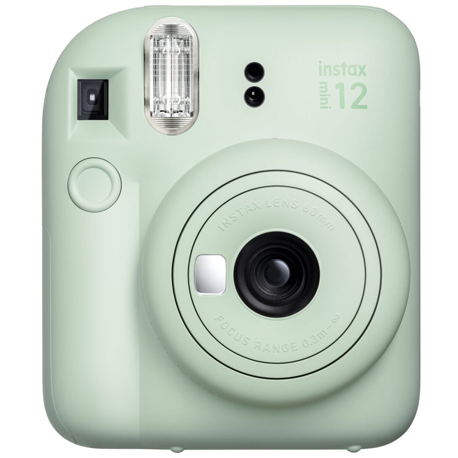 Fujifilm Instax Mini 12 Instant Film Camera Kit in Green including camera with built-in selfie mirror, automatic exposure control, and matching wrist strap.