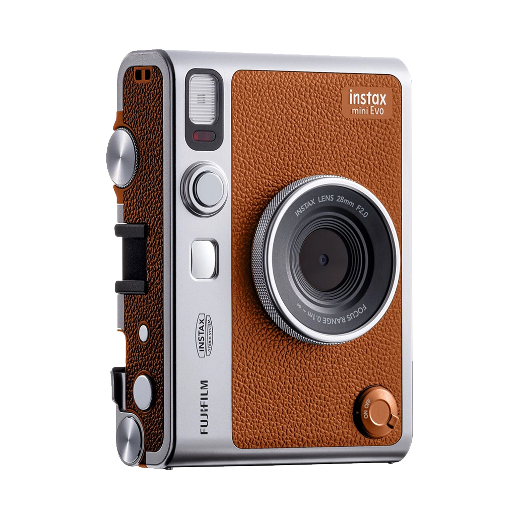 Fujifilm Instax Mini Evo Instant Film Camera (Brown) – stylish hybrid instant camera with retro brown design, digital display, lens and film effects, and instant printing.
