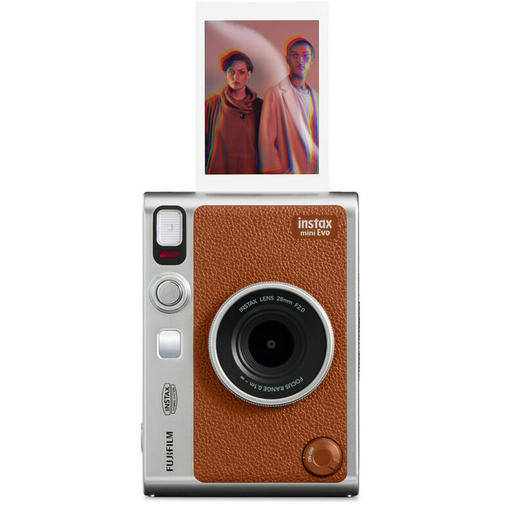 Fujifilm Instax Mini Evo Instant Film Camera (Brown) – stylish hybrid instant camera with retro brown design, digital display, lens and film effects, and instant printing.