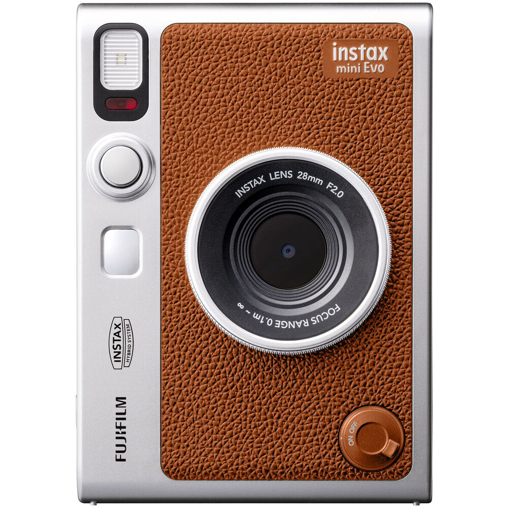 Fujifilm Instax Mini Evo Instant Film Camera (Brown) – stylish hybrid instant camera with retro brown design, digital display, lens and film effects, and instant printing.