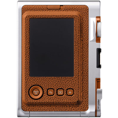 Fujifilm Instax Mini Evo Instant Film Camera (Brown) – stylish hybrid instant camera with retro brown design, digital display, lens and film effects, and instant printing.