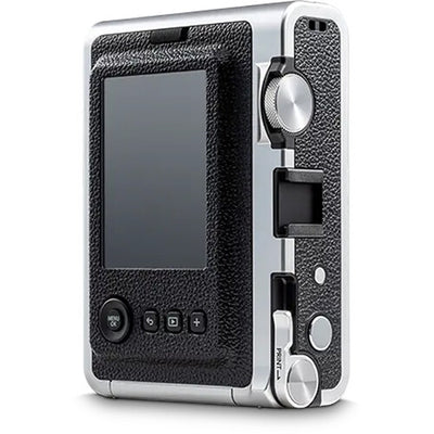 Fujifilm Instax Mini EVO instant camera with lens and film effects.