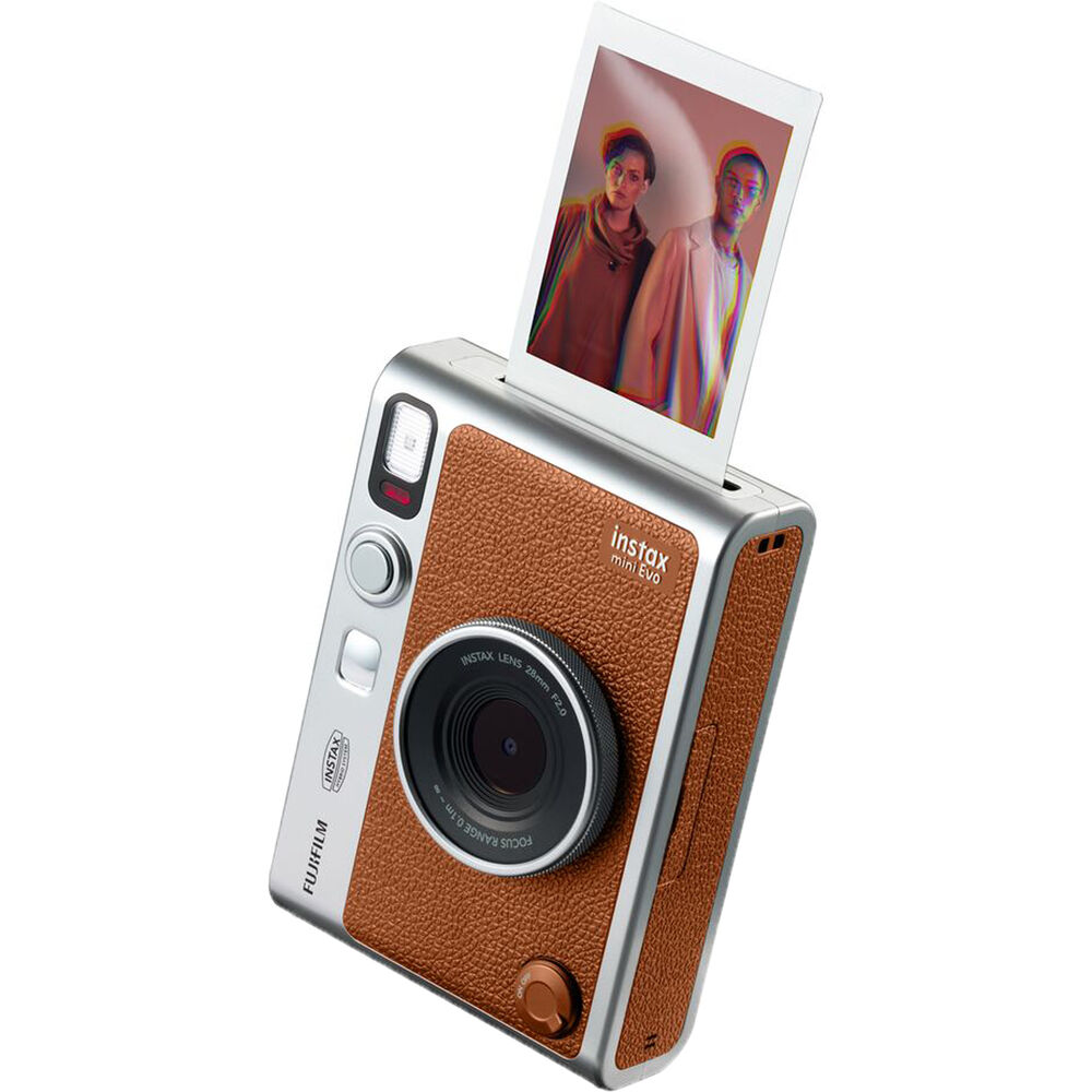Fujifilm Instax Mini Evo Instant Film Camera (Brown) – stylish hybrid instant camera with retro brown design, digital display, lens and film effects, and instant printing.