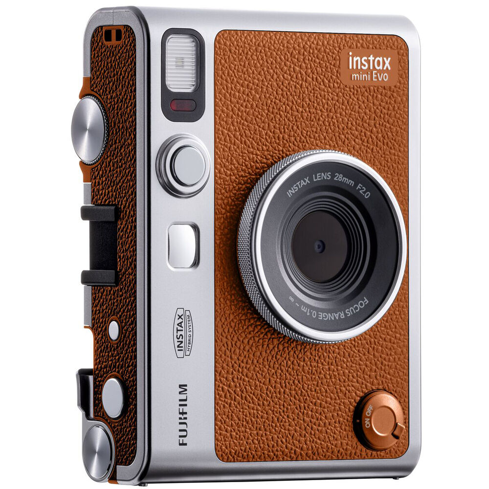 Fujifilm Instax Mini Evo Instant Film Camera (Brown) – stylish hybrid instant camera with retro brown design, digital display, lens and film effects, and instant printing.