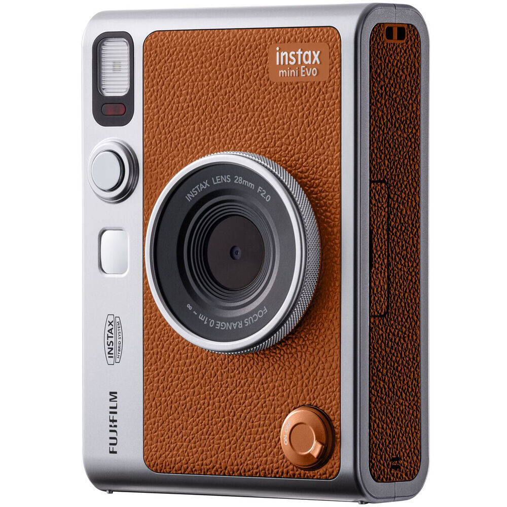 Fujifilm Instax Mini Evo Instant Film Camera (Brown) – stylish hybrid instant camera with retro brown design, digital display, lens and film effects, and instant printing.