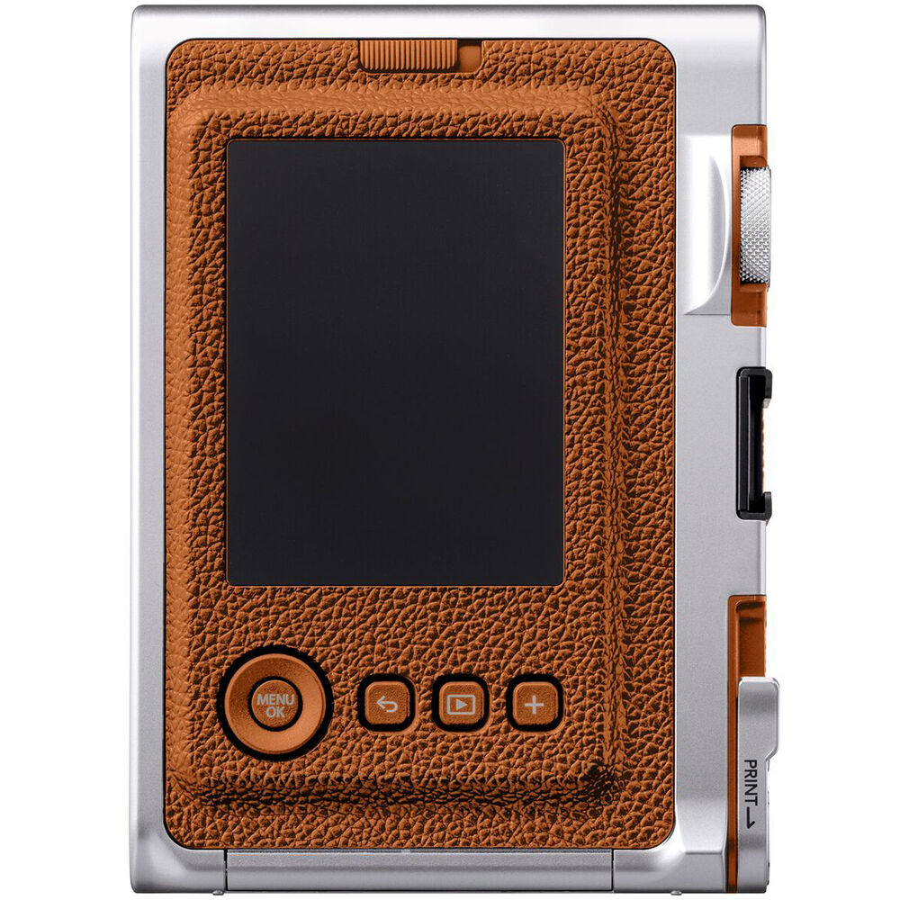 Fujifilm Instax Mini Evo Instant Film Camera (Brown) – stylish hybrid instant camera with retro brown design, digital display, lens and film effects, and instant printing.