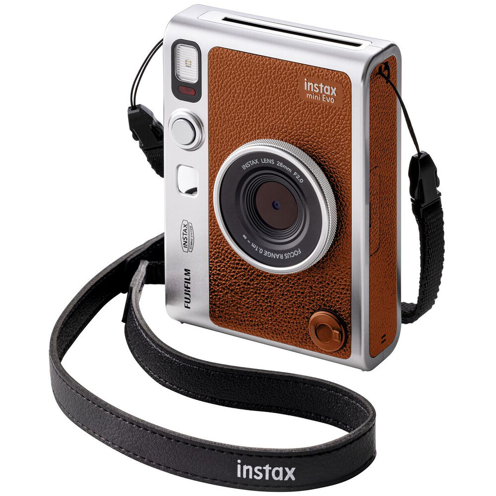 Fujifilm Instax Mini Evo Instant Film Camera (Brown) – stylish hybrid instant camera with retro brown design, digital display, lens and film effects, and instant printing.