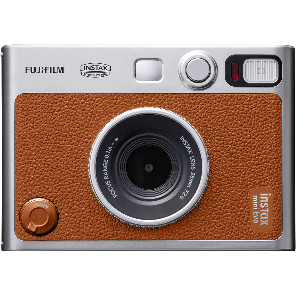 Fujifilm Instax Mini Evo Instant Film Camera (Brown) – stylish hybrid instant camera with retro brown design, digital display, lens and film effects, and instant printing.