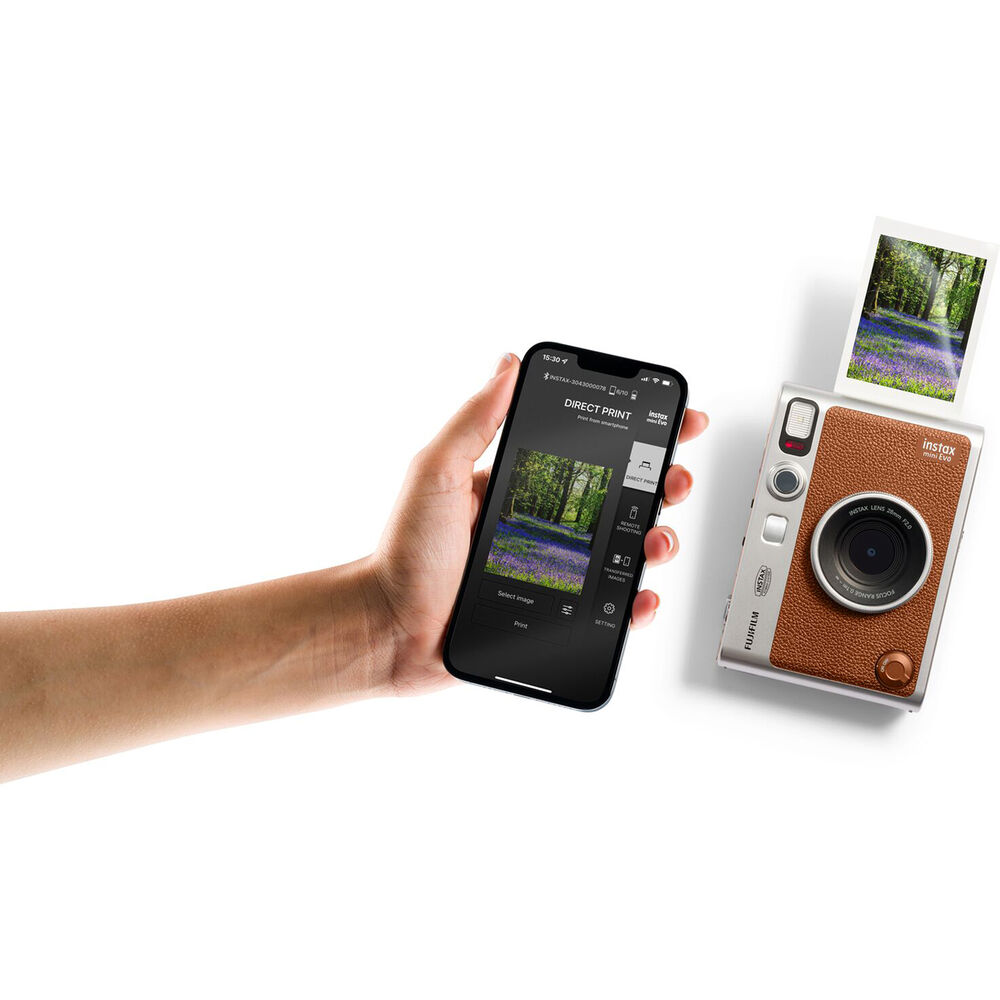 Fujifilm Instax Mini Evo Instant Film Camera (Brown) – stylish hybrid instant camera with retro brown design, digital display, lens and film effects, and instant printing.