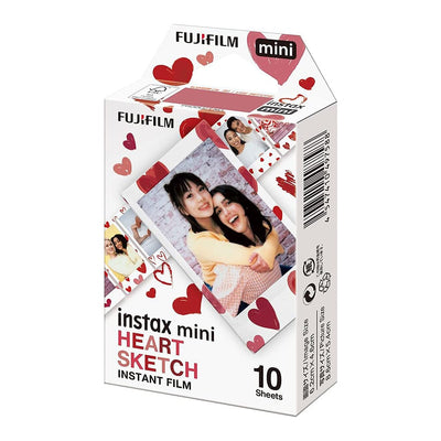Fujifilm Instax Mini Heart Sketch instant film pack with 10 sheets, featuring heart-doodle designs on credit card-sized photos