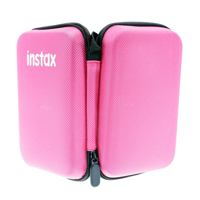 Fujifilm Instax Mini Link pink hard shell protective case with internal mesh pockets for storing smartphone printer accessories