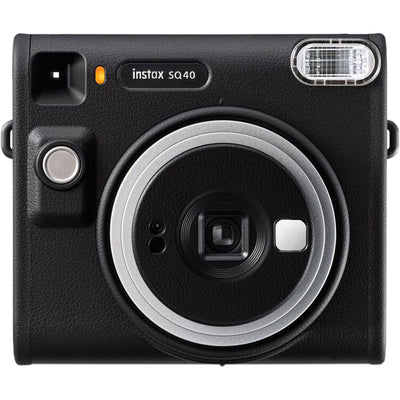 Fujifilm Instax Square SQ40 instant film camera in black, showing the square-format lens, built-in flash, selfie mirror on the lens ring, and a credit-card-sized print emerging from the top.