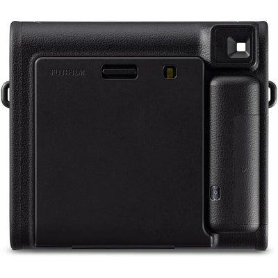 Fujifilm Instax Square SQ40 instant film camera in black, showing the square-format lens, built-in flash, selfie mirror on the lens ring, and a credit-card-sized print emerging from the top.