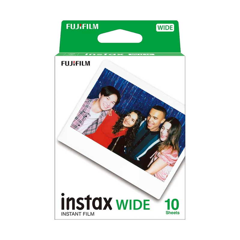 Fujifilm Instax instant color film pack with 10 wide format shots, ISO 800 speed, fine grain, vibrant color reproduction, fast developing time, and extended temperature range for reliable outdoor use.