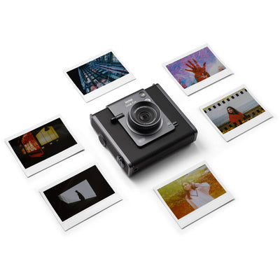Fujifilm Instax Wide Evo hybrid instant camera with 16MP 1/3-inch CMOS sensor, fixed 16mm f/2.4 wide-angle lens, 10 lens and film effects, selfie mirror, built-in flash, tripod mount, and USB-C charging.