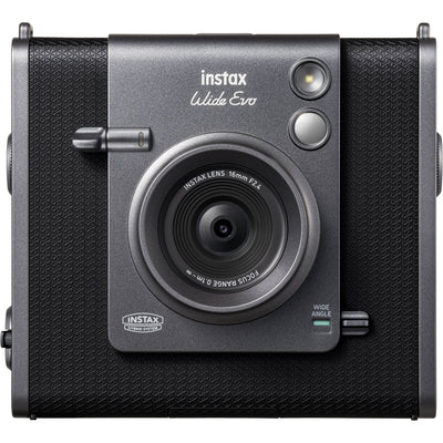 Fujifilm Instax Wide Evo hybrid instant camera with 16MP 1/3-inch CMOS sensor, fixed 16mm f/2.4 wide-angle lens, 10 lens and film effects, selfie mirror, built-in flash, tripod mount, and USB-C charging.