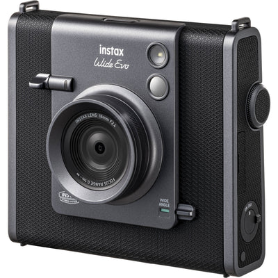 Fujifilm Instax Wide Evo hybrid instant camera with 16MP 1/3-inch CMOS sensor, fixed 16mm f/2.4 wide-angle lens, 10 lens and film effects, selfie mirror, built-in flash, tripod mount, and USB-C charging.