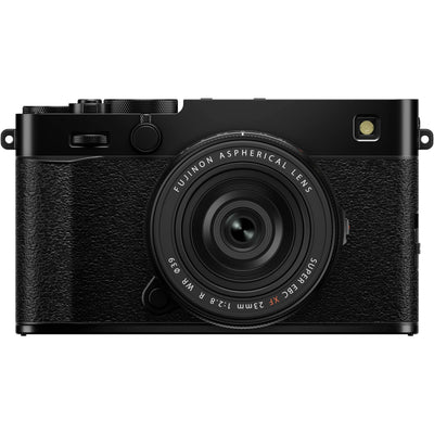 Fujifilm X-E5 black mirrorless camera with XF 23mm f/2.8 R WR compact weather-resistant pancake lens, 40.2MP APS-C sensor, fast autofocus, and 6.2K video recording
