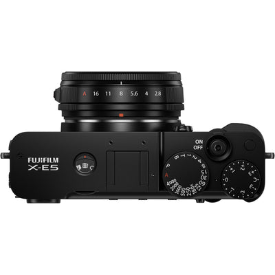 Fujifilm X-E5 black mirrorless camera with XF 23mm f/2.8 R WR compact weather-resistant pancake lens, 40.2MP APS-C sensor, fast autofocus, and 6.2K video recording
