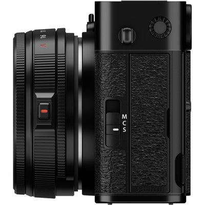 Fujifilm X-E5 black mirrorless camera with XF 23mm f/2.8 R WR compact weather-resistant pancake lens, 40.2MP APS-C sensor, fast autofocus, and 6.2K video recording