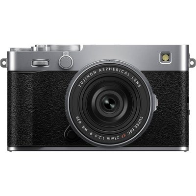 Fujifilm X-E5 silver mirrorless camera with XF 23mm f/2.8 R WR compact weather-resistant pancake lens, 40.2MP APS-C sensor, fast autofocus, and 6.2K video recording