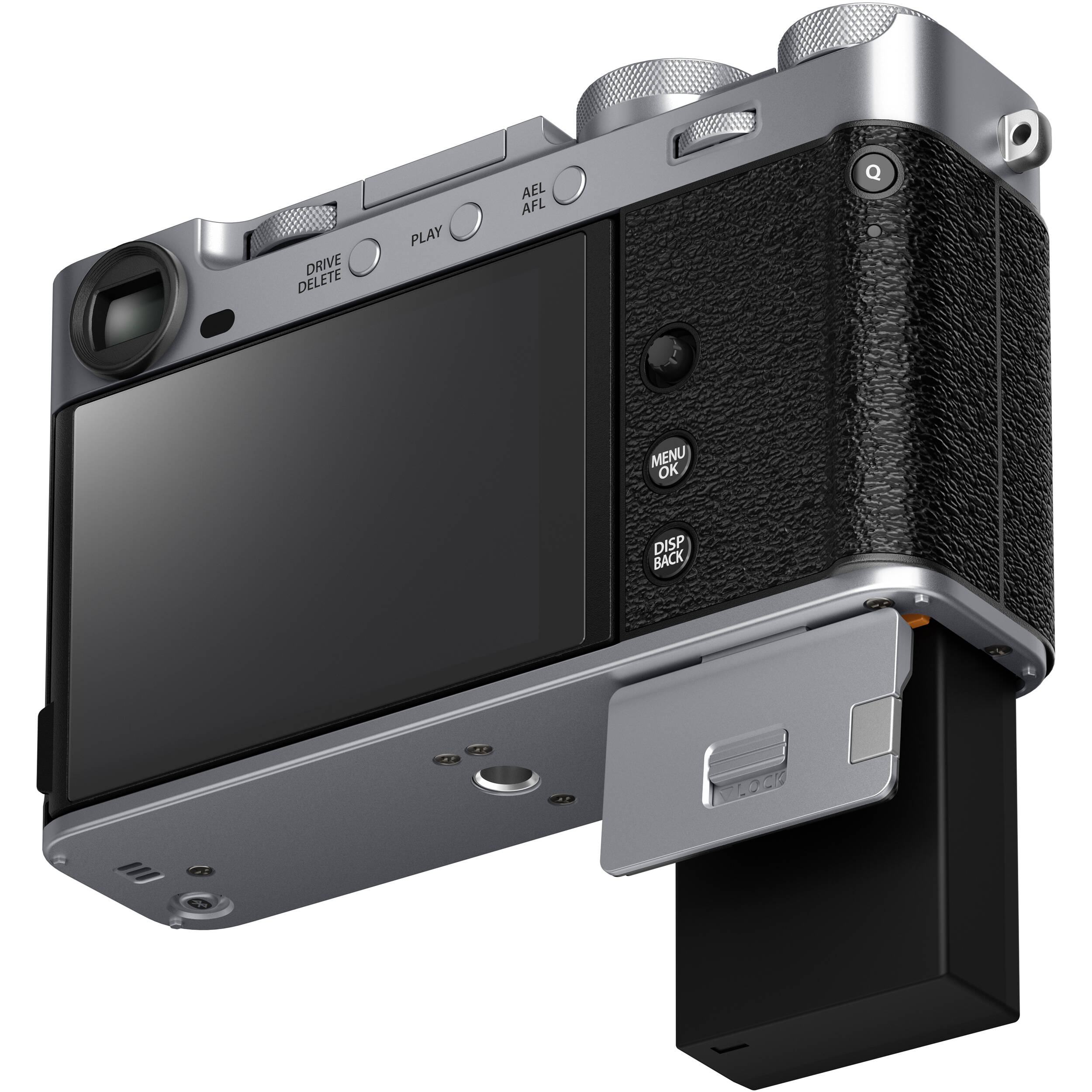 Fujifilm X-E5 silver mirrorless camera with XF 23mm f/2.8 R WR compact weather-resistant pancake lens, 40.2MP APS-C sensor, fast autofocus, and 6.2K video recording