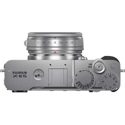 Fujifilm X-E5 silver mirrorless camera with XF 23mm f/2.8 R WR compact weather-resistant pancake lens, 40.2MP APS-C sensor, fast autofocus, and 6.2K video recording