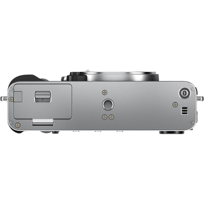 Fujifilm X-E5 silver mirrorless camera with XF 23mm f/2.8 R WR compact weather-resistant pancake lens, 40.2MP APS-C sensor, fast autofocus, and 6.2K video recording