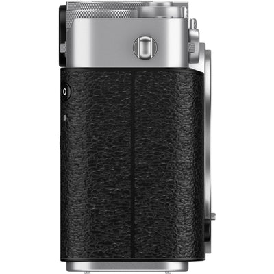 Fujifilm X-E5 silver mirrorless camera with XF 23mm f/2.8 R WR compact weather-resistant pancake lens, 40.2MP APS-C sensor, fast autofocus, and 6.2K video recording