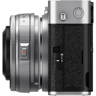 Fujifilm X-E5 silver mirrorless camera with XF 23mm f/2.8 R WR compact weather-resistant pancake lens, 40.2MP APS-C sensor, fast autofocus, and 6.2K video recording