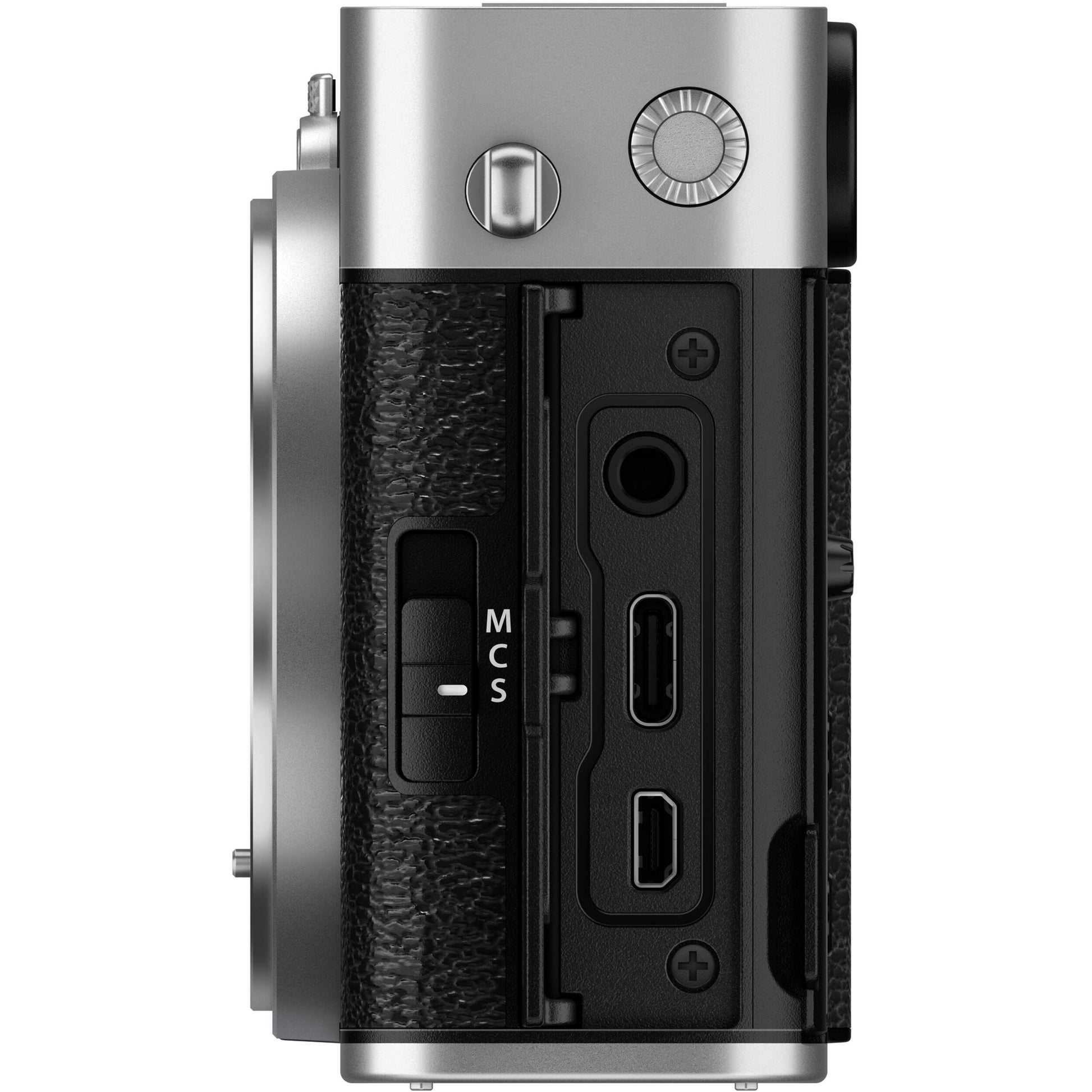 Fujifilm X-E5 silver mirrorless camera with XF 23mm f/2.8 R WR compact weather-resistant pancake lens, 40.2MP APS-C sensor, fast autofocus, and 6.2K video recording