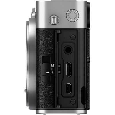 Fujifilm X-E5 silver mirrorless camera with 40.2MP APS-C X-Trans CMOS 5 HR sensor, 7-stop in-body image stabilization, advanced autofocus, and 6.2K video recording