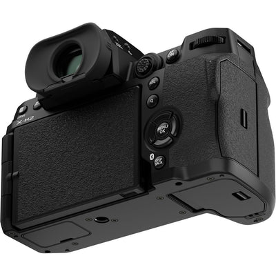 Fujifilm X‑H2 mirrorless camera body in black, featuring a robust APS‑C mount design with grip, vari-angle touchscreen, top-panel status LCD, and electronic viewfinder.