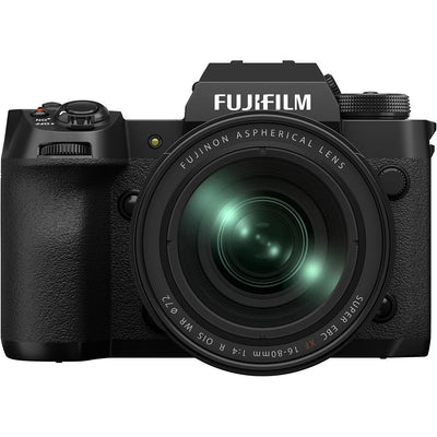 Fujifilm X‑H2 mirrorless camera kit in black with XF 16–80 mm lens attached, featuring vari-angle touchscreen, textured grip, and electronic viewfinder.