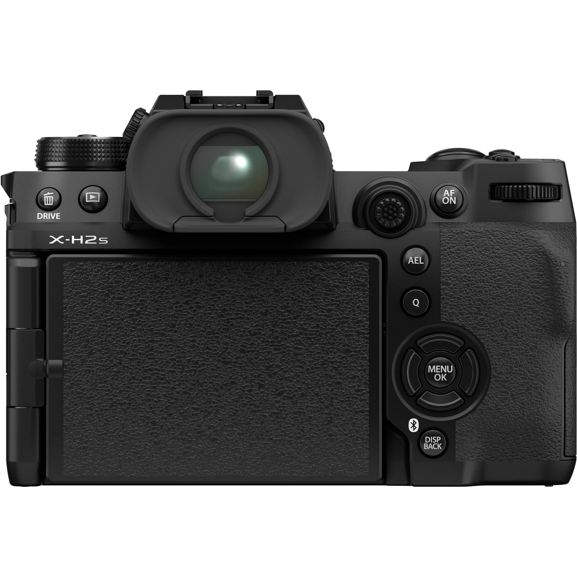 Fujifilm X-H2S back view controls and OLED electronic viewfinder