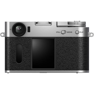 Fujifilm X half silver compact digital camera featuring 1-inch vertical sensor, 32mm-equivalent lens, optical viewfinder, and 2.4-inch touchscreen optimized for vertical photography