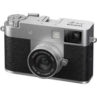 Fujifilm X half silver compact digital camera featuring 1-inch vertical sensor, 32mm-equivalent lens, optical viewfinder, and 2.4-inch touchscreen optimized for vertical photography