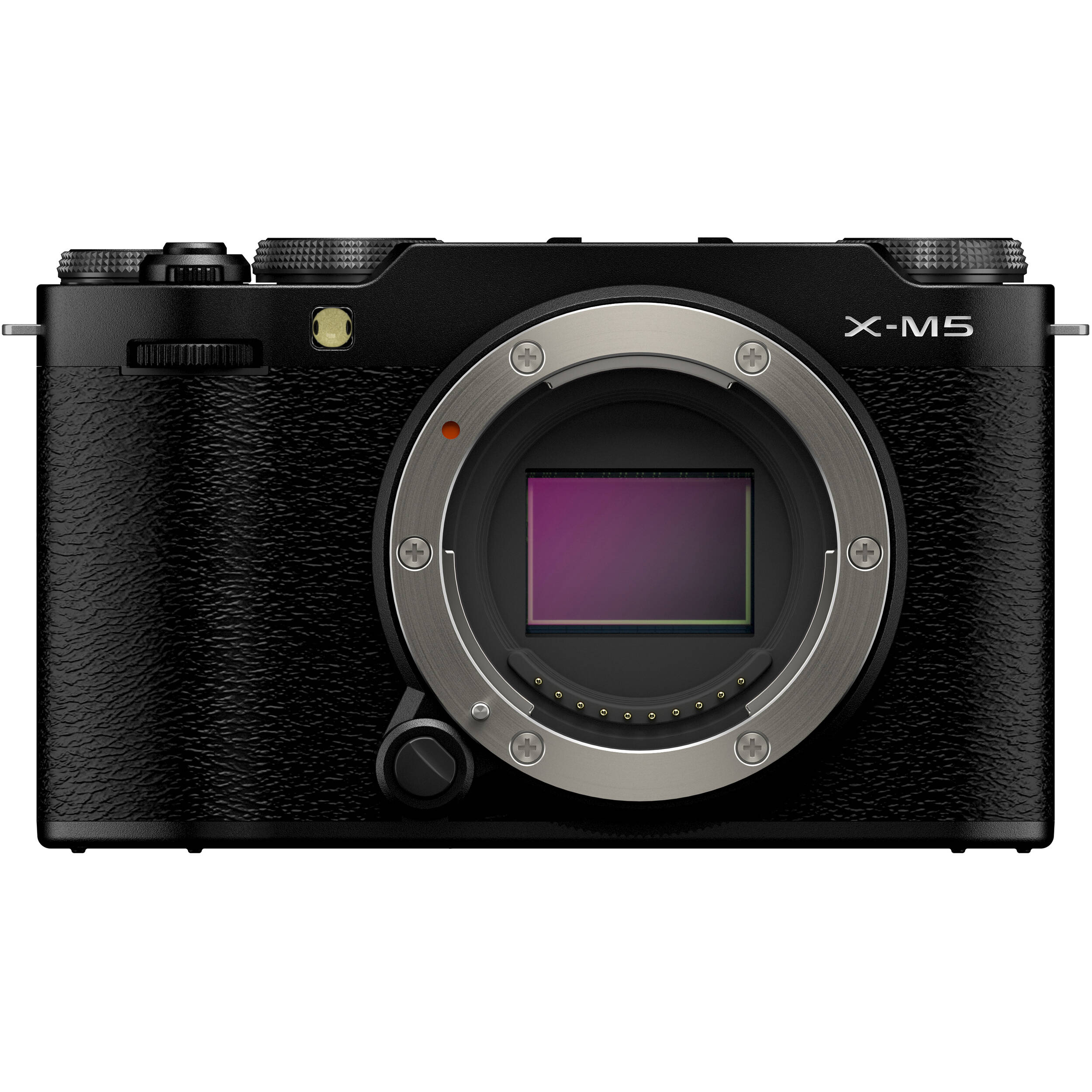 Fujifilm X-M5 black mirrorless camera with 26.1MP APS-C X-Trans CMOS 4 sensor, X-Processor 5 engine, 3-inch fully articulated touchscreen, 6.2K video recording, and 8fps continuous shooting