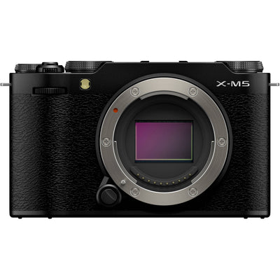Fujifilm X-M5 black mirrorless camera with 26.1MP APS-C X-Trans CMOS 4 sensor, X-Processor 5 engine, 3-inch fully articulated touchscreen, 6.2K video recording, and 8fps continuous shooting
