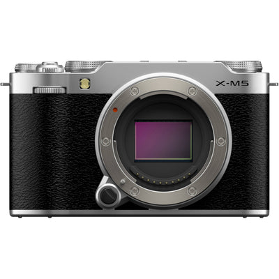Fujifilm X-M5 silver mirrorless camera with 26.1MP APS-C X-Trans CMOS 4 sensor, X-Processor 5 engine, 3-inch fully articulated touchscreen, 6.2K video recording, and 8fps continuous shooting