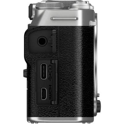 Fujifilm X-M5 silver mirrorless camera with 26.1MP APS-C X-Trans CMOS 4 sensor, X-Processor 5 engine, 3-inch fully articulated touchscreen, 6.2K video recording, and 8fps continuous shooting