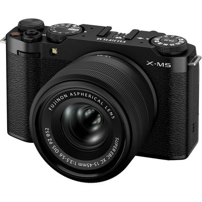 Fujifilm X-M5 black mirrorless camera with XC 15-45mm f/3.5-5.6 OIS PZ compact zoom lens featuring 23-69mm equivalent focal length, 3-stop optical image stabilization, and smooth electric zoom