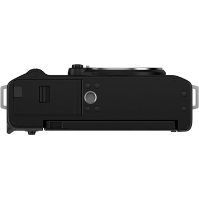 Fujifilm X-M5 black mirrorless camera with XC 15-45mm f/3.5-5.6 OIS PZ compact zoom lens featuring 23-69mm equivalent focal length, 3-stop optical image stabilization, and smooth electric zoom