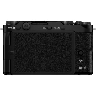 Fujifilm X-M5 black mirrorless camera with XC 15-45mm f/3.5-5.6 OIS PZ compact zoom lens featuring 23-69mm equivalent focal length, 3-stop optical image stabilization, and smooth electric zoom