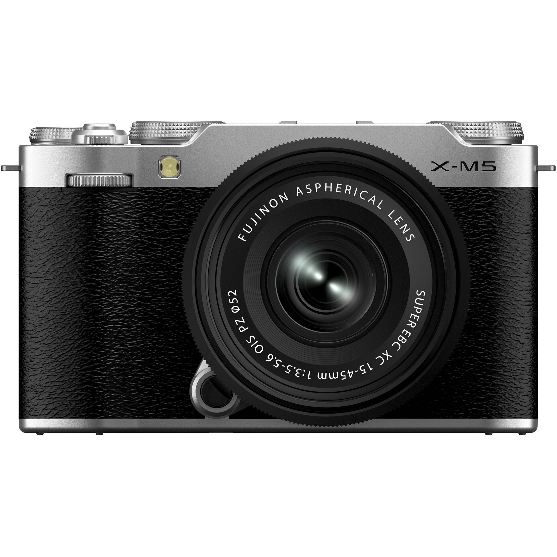 Fujifilm X-M5 silver mirrorless camera with XC 15-45mm f/3.5-5.6 OIS PZ compact zoom lens featuring 23-69mm equivalent focal length, 3-stop optical image stabilization, and smooth electric zoom